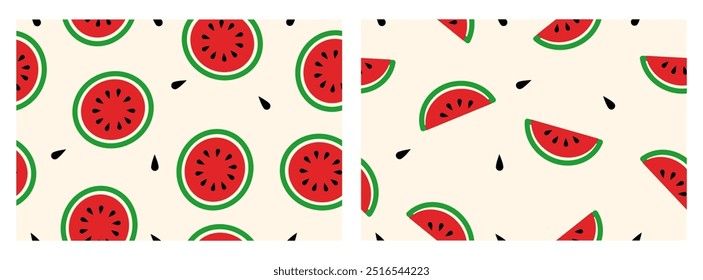 Set of Vector watermelons hand drawn seamless pattern. Cute summer fresh fruits print. Watermelon red slices with seeds repeat texture for wallpaper, fabric design, textile, decor