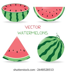 Conjunto de sandías de Vector sobre fondo blanco, Ilustración vectorial. Conjunto de Vector de frutas. Estilo plano. Verano.