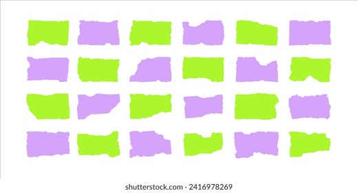 Set of vector wavy edge jagged rectangles. Green and purple torn paper pieces on white background