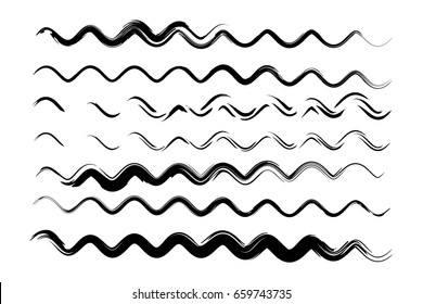 Set of vector wavy lines or sine curves. Hand painted grey scale torn messy curved ink brush strokes. Hipster modern paintbrush collection. Bent black and white paint brush strokes for summer pattern.