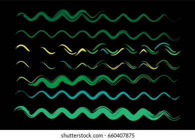 Set of vector wavy lines or sine curves. Hand painted messy curved ink brush strokes. Hipster modern creative green, blue, turquoise paintbrush collection. Bent paint brush strokes for summer pattern.