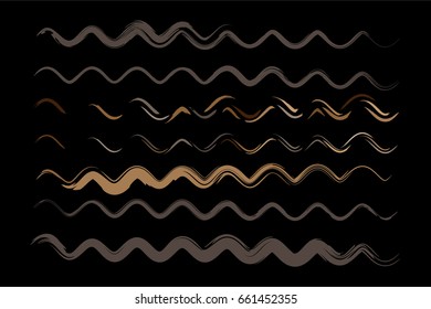 Set of vector wavy lines or sine curves. Hand painted torn messy curved ink brush strokes. Hipster paintbrush collection. Bent brown, yellow, ocher, green, grey paint brush strokes for summer pattern.