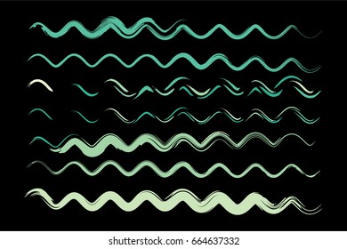 Set of vector wavy lines or sine curves. Hand painted messy curved ink brush strokes. Hipster modern creative green, blue, turquoise paintbrush collection. Bent paint brush strokes for summer pattern.