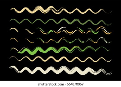 Set of vector wavy lines or sine curves. Hand painted torn messy curved brush strokes. Hipster modern creative paintbrush collection. Bent green, yellow, white paint brush strokes for summer pattern.