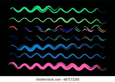 Set of vector wavy lines or sine curves. Hand painted curved ink brush strokes. Hipster modern creative green, blue, orange, pink paintbrush collection. Bent paint brush strokes for summer pattern.