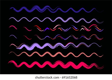 Set of vector wavy lines or sine curves. Hand painted torn messy curved ink brush strokes. Hipster modern creative paintbrush collection. Bent pink, blue, purple paint brush strokes for summer pattern