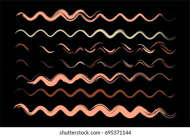 Set of vector wavy lines or sine curves. Hand painted torn messy curved ink brush strokes. Hipster paintbrush collection. Bent brown, yellow, ocher, green, grey paint brush strokes for summer pattern.