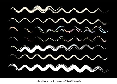 Set of vector wavy lines or sine curves. Hand painted grey scale torn messy curved ink brush strokes. Hipster modern paintbrush collection. Bent black and white paint brush strokes for summer pattern.