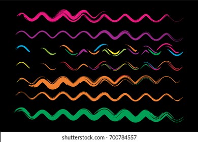 Set of vector wavy lines or sine curves. Hand painted torn curved ink brush strokes. Hipster creative paintbrush collection. Bent green, orange, pink, yellow, grey, brown strokes for summer pattern.