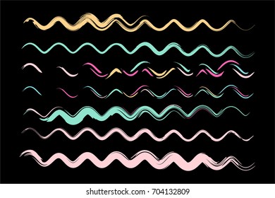 Set of vector wavy lines or sine curves. Hand painted torn curved ink brush strokes. Hipster creative paintbrush collection. Bent green, orange, pink, yellow, grey, brown strokes for summer pattern.