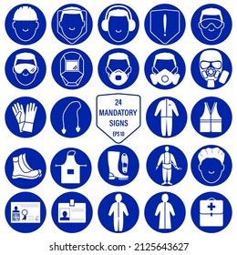 Conjunto de iconos de seguridad de desgaste vectorial, señales de obligación, señales de advertencia. Conjunto de iconos planos: gafas, casco, botas, guantes, máscara de gas, respirador, audición, protección de ojos, código QR, tarjeta, ets.
