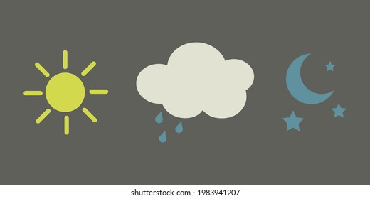 Set of vector weather icons. Day and night weather forecast. Snow rainy and sunny weather metcast.