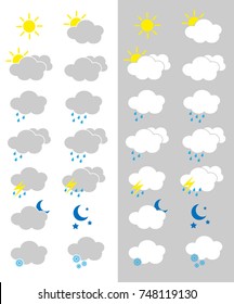 Set of vector weather icons. Day and night weather forecast. Snow rainy and sunny weather metcast. 