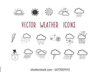 A set of vector weather icons. Doodle-style badge. Illustration by hand.