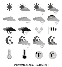 Set of vector weather icons EPS 10, abstract signs thermometer, cloud, sun, rain, wind, snow flat design badge for website or app - stock info graphics