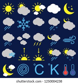 Set of vector Weather icons on dark background