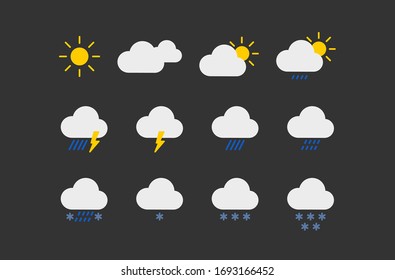Set of vector weather icons on dark background.