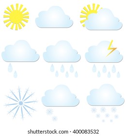 Set vector weather icons. The sun, cloud, rain and snow. Illustration.