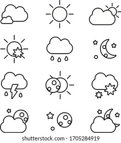 Legen Sie Wetterillustrationen für die Vektorillustration fest. Wettersymbole. Flaches Design. Sonne, Mond, Blitz, Himmel, Schnee, Schneeflocken, Wind, Regen,  
Klima, Sturm, Kälte, Hitze, Meteorologie-Symbole.