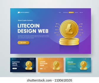 Set of vector web banner templates with gold stacks of Laitcoin coins and chips elements. Design of the header with purple, orange and blue gradients, backlight, buttons and text.