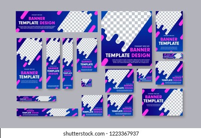 Set of vector web banners with blue gradients, pink design elements and place for photo. Templates standard sizes.