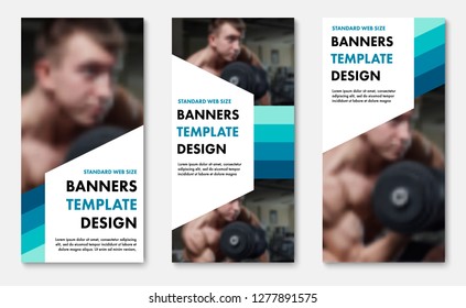 Set of vector web banners with color elements and white shapes for text. Universal Vertical templates for sports and business.