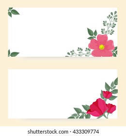 Set of vector web banners with dogroses and green leaves