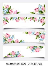 Set of vector web banners with pink, blue, and white tulips, hyacinth flowers, lily of the valley flowers, and forget-me-not flowers