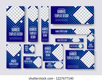 set of vector web banners of standard size with a square place for a photo. Blue Template for business and advertising with gradients and lines.