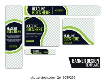 set of vector web banners in standard sizes with semicircular design accents, round buttons, and image placeholders. includes vertical and horizontal layouts for flexible digital advertising use.
