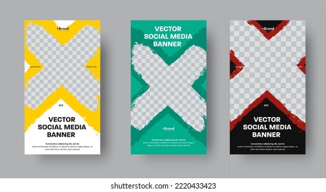 Set of vector web banners for stories with cross grunge elements. Vertical template with photo space.