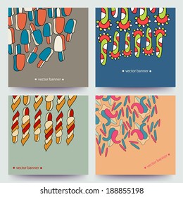 A set of vector web banners with varicolored background. Banners for business cards, labels, tags. Unique design and interesting solutions. Hand drawn illustration and place for your text.