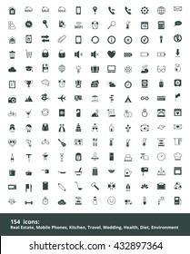 Set of vector web icons on a theme real estate, mobile communications, education, travel, cooking, kitchen, healthy lifestyle, wedding, ecology