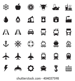 Set vector web icons, transport, petroleum, auto, travel, sea, aviation and industrial icons, vector icons for your design project or presentation, black icons
