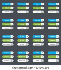 Set of vector web interface buttons. Green, blue and white colors..