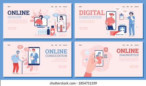 Conjunto de páginas web vectoriales con concepto de medicina en línea, consulta médica a distancia y diagnóstico. Chat para médicos y pacientes, prescripción y tratamiento usando internet.