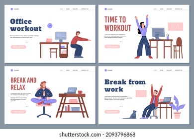 Set of vector web templates where men and women do exercises in workplace. Illustration of healthy sports break for employees. Illustration of lifestyle.