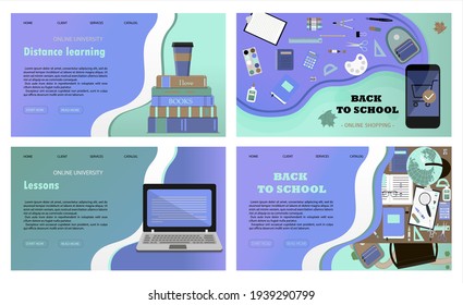 A set of vector websites for distance learning, online education and work. A flat illustration of the main page of the mobile app with a stack of books, a Cup of coffee, and a laptop for conducting