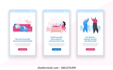 Set of vector websites on mobile screen telling more about social distancing and taking care of sick people during COVID 19 outbreak