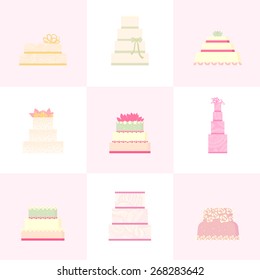 Set vector of wedding cakes. Flat wedding icons design.