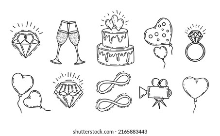 Set of vector wedding icons on a white background.