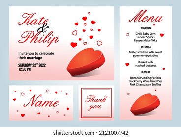 Set of vector wedding invitation card, name plate and menu with 3d heart shape on red gradient background. Valentine day