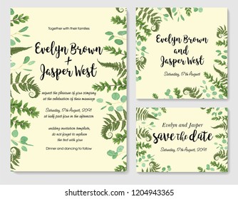 Set of vector wedding invitation, greeting card, save date. Frame of green leaves of fern, boxwood and eucalyptus twigs. Watercolor, rustic style