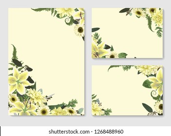 Set of vector wedding invitation, greeting card, save date.  With green forest leaf, fern, branches, buxus, eucalyptus. Flowers of white lily, gerbera, dahlia, brunia. Certificates on yellow