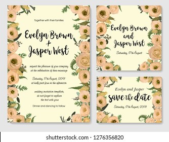 Set of vector wedding invitation, greeting card, save date. Frame of green leaves of fern, brunia, boxwood eucalyptus and flowers eustoma cream. Watercolor, rustic style, banners, certificates 
