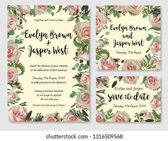 Set of vector wedding invitation, greeting card, save date. Frame of green leaves of fern, brunia, boxwood, eucalyptus twigs, chamaelaucium and pink rose. Watercolor, rustic style, banners