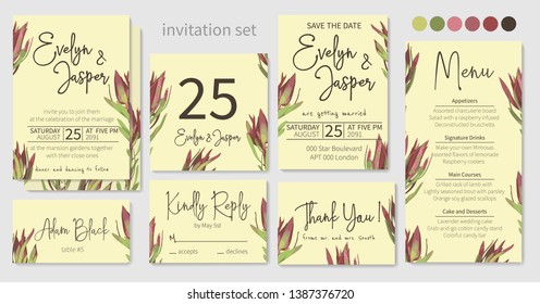 Set of vector wedding invitation, greeting card, save date. Frame of red, green leaves of leucadendron, protea, designer art tropical elements. Watercolor, rustic style, banners, certificates
