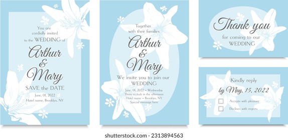 Conjunto de plantillas de invitación a bodas vectoriales con flores de lirio y fondo azul