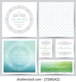 set of vector wedding invitations and cards with floral ornate and blurred abstract backgrounds