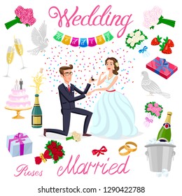 set vector wedding just married couple with hearts avatars characters. roses flowers champagne cake newlyweds pigeons gifts rings strawberry bow ice bubbles art